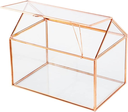 House Shape Close Glass Geometric Terrariumn Tabletop Succulent Plant Garden Geo Planter Moss Fern Swing Lid Reptile, Flower Pot for Plants Succulent, Air Plant (Rose Gold)