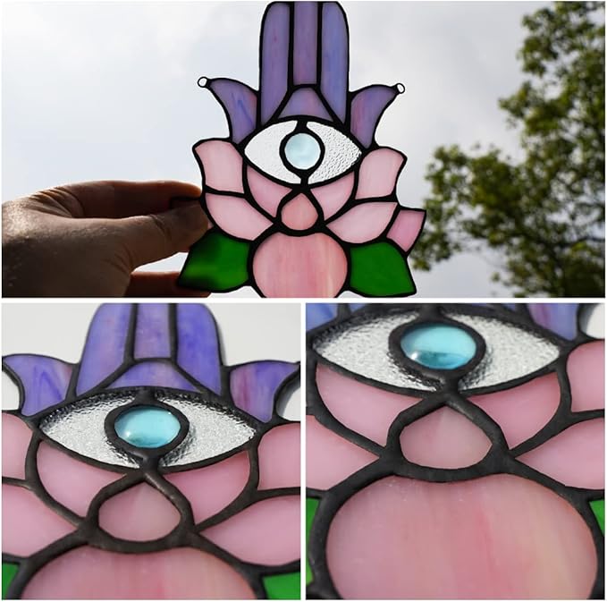 Hamsa Hand Decor Stained Glass Window Hangings,Lotus Flower Suncatchers for Windows Amulet Meditation Home Decor,Spiritual Gift for Women,Baptism Blessing Housewarming Gift