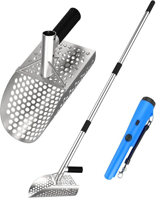 Long Handle Sand Scoop,with Metal Detector Pinpointer,Stainless Steel Beach Metal Detecting Shovel for Adults, Ideal for Underwater Treasure Hunting,Beach Sifting,Excavation Tools