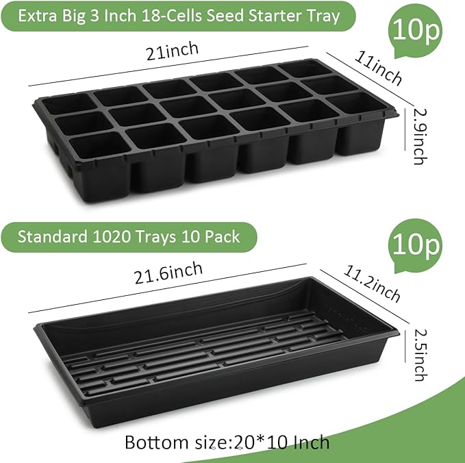 10 Pack 3 Inch Square Pots 2.9" Deep 18 Big Cell Seedling Trays with 10 Pack Water Collection Nursery 1020 Trays No Holes for Seeds Starting and Transplanting (20"x10",10 Sets)