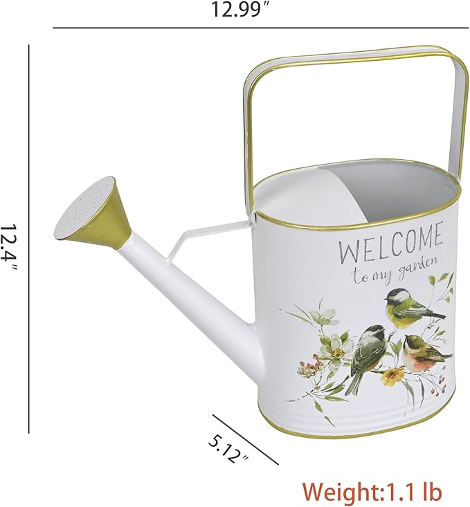 Vintage Metal Watering Can with Gold Accents & Bird Floral Welcome to My Garden Design Garden Decorative Watering Pot Farmhouse Waterer for Home Indoor Outdoor Balcony Courtyard (White)