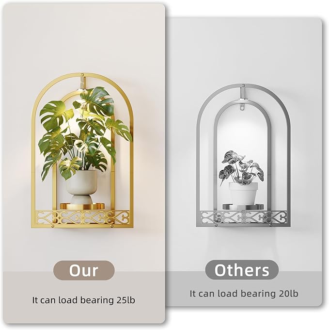 Wall Planter Holder with Light, Metal Arch Frame Hanging Plant Stand with Grow Lights, Modern Black Iron Wall Decor for Indoor Outdoor Living Room, Balcony & Garden 2 Pack Golden