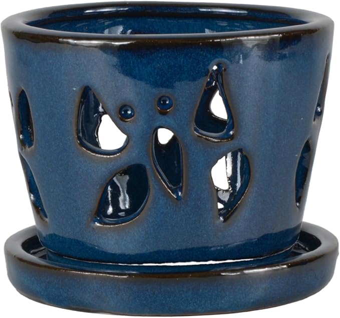 W&W Orchid Pot with Holes and Saucer for Repotting, 5 Inches, Blue
