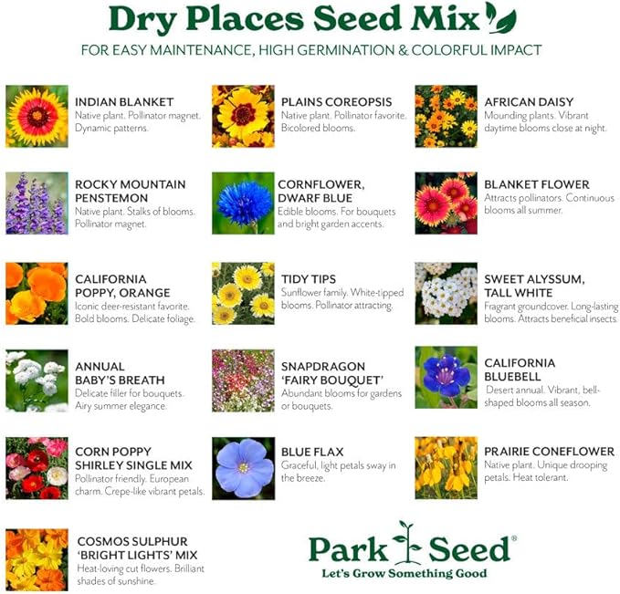 Park Seed Grow Your Own Vibrant Annual and Perennial Wildflower Garden Mixture, Easy to Grow Varieties for Pollinators and Spring Gardens - Dry Places Mix, 1 lb