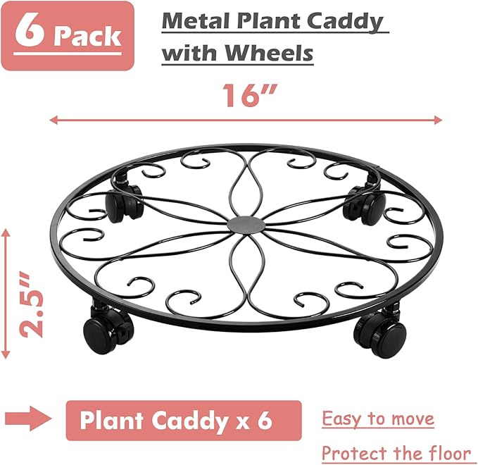6 Pack Metal Plant Caddy with Wheels 16 Inch Large Plant Stand with Wheels Heavy Duty Wrought Iron Rolling Plant Stand Plant Dolly Plant Rollers Plant Cart Plant Mover