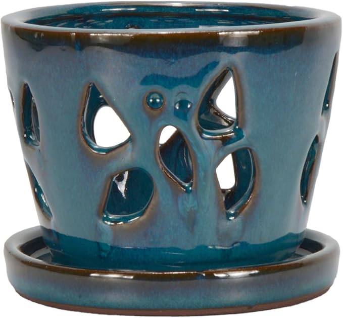 W&W Orchid Pot with Holes and Saucer for Repotting, 5 Inches, Teal