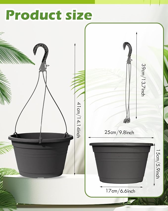 VIDELLY 4 Pcs Hanging Planters,10" Hanging Pots Plastic Hanging Flower Plant Basket Pots with Drainage Trays & Chain Holder for Outdoor Indoor Plants Garden Balcony Decoration, Dark Gray