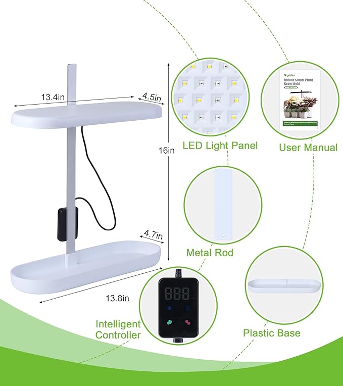 Grow Lights for Indoor Plants, 20W Full Spectrum LED Grow Lamp for Indoor Garden with Intelligent Controller, Height Adjustable, Ideal for Home Desk Plant Lighting (White, ABS Base)