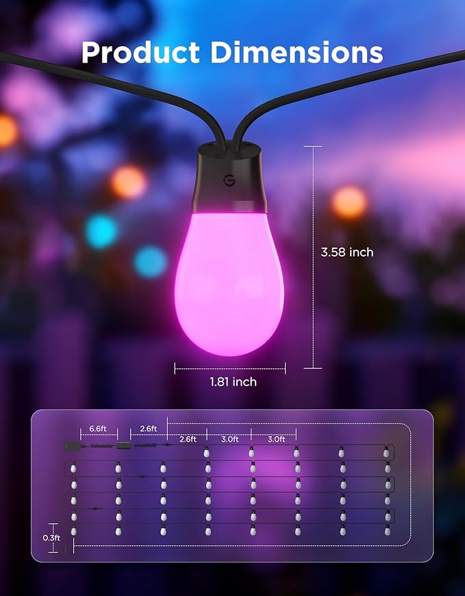 Govee S14 Bulb Outdoor String Lights 2, 144ft Smart RGBIC Warm White Patio Lights with 45 LED Bulbs, 111 Scene Modes for Outdoor Decor, Works with Alexa, Google, Matter, APP Control, IP66 Waterproof