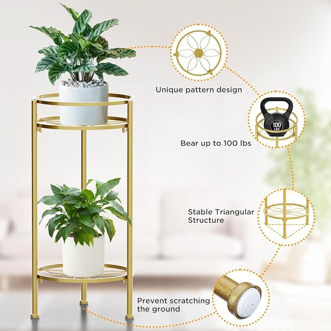 H HOMEXIN Plant Stand Indoor ,2 Tier Metal Plant Stand 23.5'' Tall Heavy Duty Sturdy Plant Shelf Holder,Rustproof Decorative Plant Stands Outdoor for Corner Garden Patio Livingroom Balcony