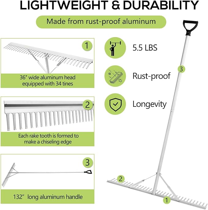 Floating Lake Rake, 36" Aluminum All Purpose Lake and Landscape Rake with 11' Extension Handle and 52' Rope, Weed & Algae Removal