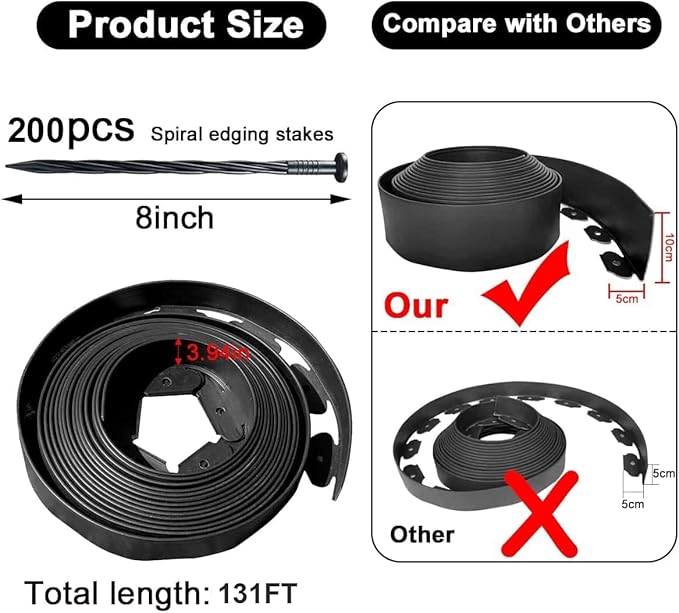 Garden Edging Borders 131FT,Landscape Edging Black[Extra Tall 4IN High] with 200pcs Plastic Stakes, Lawn Edging Flexible DIY Fence for Landscaping,Flower Bed,Grass,Gravel,Tree Surrounding
