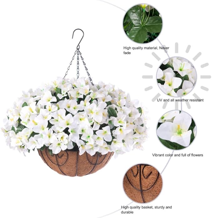 Artificial Hanging Flowers Faux Plants Basket for Outdoors Spring Summer Decor, Fake Silk Bougainvillea in Planter Outdoor Look Real UV Resistant Faux Flower for Outside Porch Patio Garden Home, White