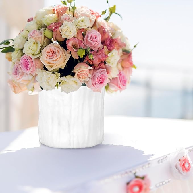 12 Set Plastic Cylinder Planter Box 4 x 4 Inch Flower Boxes for Arrangements Round Plastic Flower Box with Removable Foam Blocks Liner for Centerpiece Home Wedding Garden Decor (White Bark)