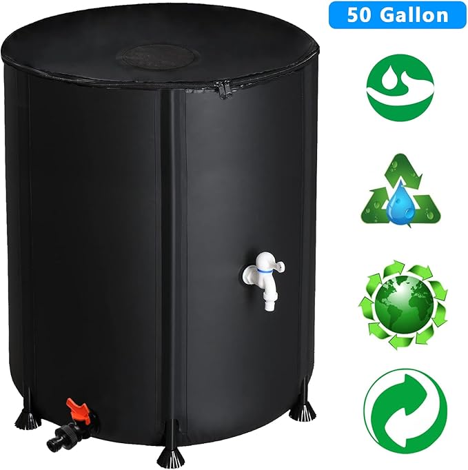 50 Gallon Collapsible Rain Barrel, Portable Rainwater Collection System, Rain Catcher Barrel, Water Storage Tank with Two Spigots and Overflow Kit, Rain Water Barrel Collector for Garden, Black
