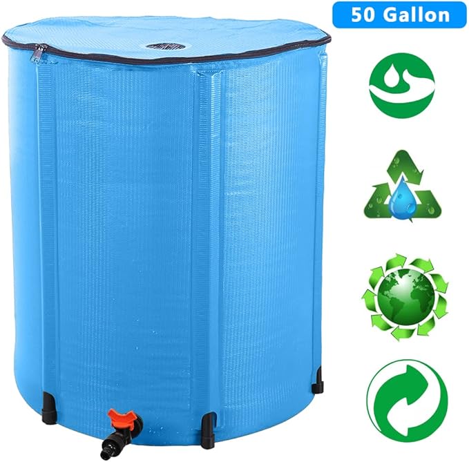 Collapsible Rain Barrel, 50 Gallon Portable Rainwater Collection System, Rain Catcher Barrel, Water Storage Tank with Spigots and Overflow Kit, Rain Water Barrel Collector for Garden, Blue
