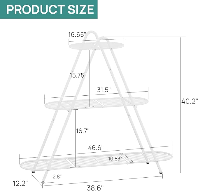 3-Tier Plant Stand, Heavy Duty Metal Planter Rack - White Indoor/Outdoor Shelves with Large Tier’s Shelf - Display Multiple Flower Pots, Iron Plant Organizer for Living Room, Patio & Garden