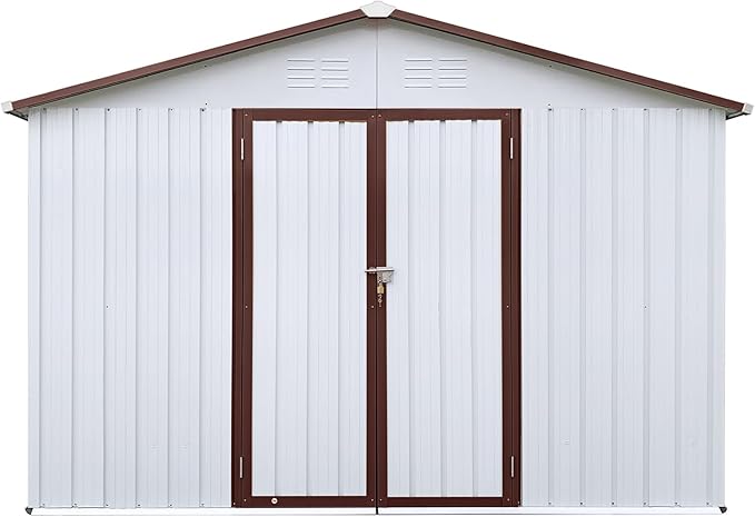 10x12 FT Storage Shed,Metal Aluminum Garden Shed,with Punched Vents,Waterproof Cabinet w/Hinged Door and Padlock,Tool House for Storing Bicycles,Lawnmowers,Barbeques,White+Coffee