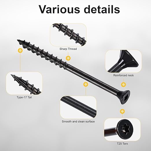 Wood Screws #10 x 3-1/2’’, T25 Star Torx Drive Flat Head Deck Screws, Black, 58Pcs (1lb)
