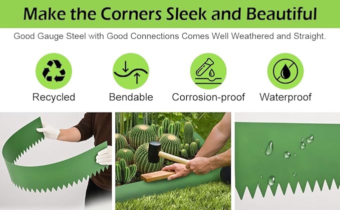 Landscape Edging Kit, Galvanized Steel Edging Landscape Lawn Edging Powder for Lawn Yard, Coated Bendable Metal Strips, No-Dig Hammer-in Edging Border w/Clips (6 INCH 6 PCS, Green)