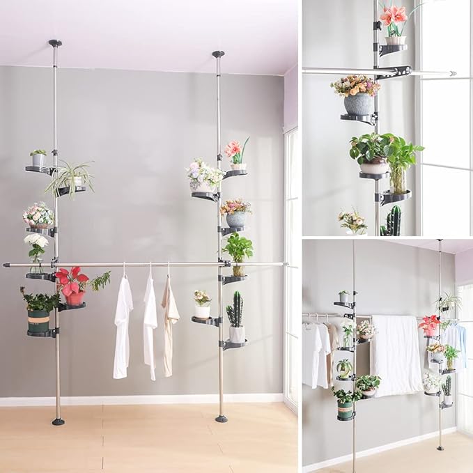 Hershii Expandable Plant Stand Double Tension Poles Holder Indoor Metal Flower Display Racks Floor to Ceiling Tall Decorative Storage Shelf with 12 Trays, 2 Arms & 1 Hanging Rod - Grey