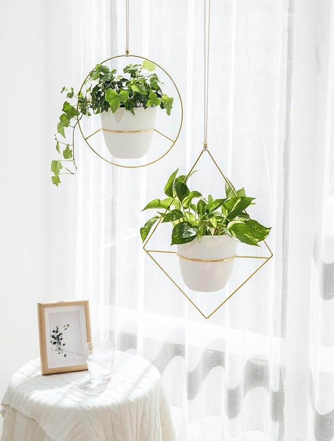 Mkono Metal Hanging Planters for Indoor Plants with Plastic Pots, Set of 2 Modern Mid Century Flower Pot Plant Holder in Diamond and Circle Shape, Fits 6 Inch, Gold