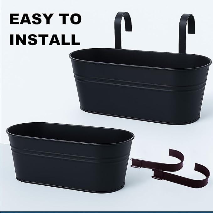 Balcony Planters 16 Inch Railing Hanging Metal Planters with Hooks for Outdoor Plants Flower Boxes for Fence Patio Deck 3 PCS(Black)