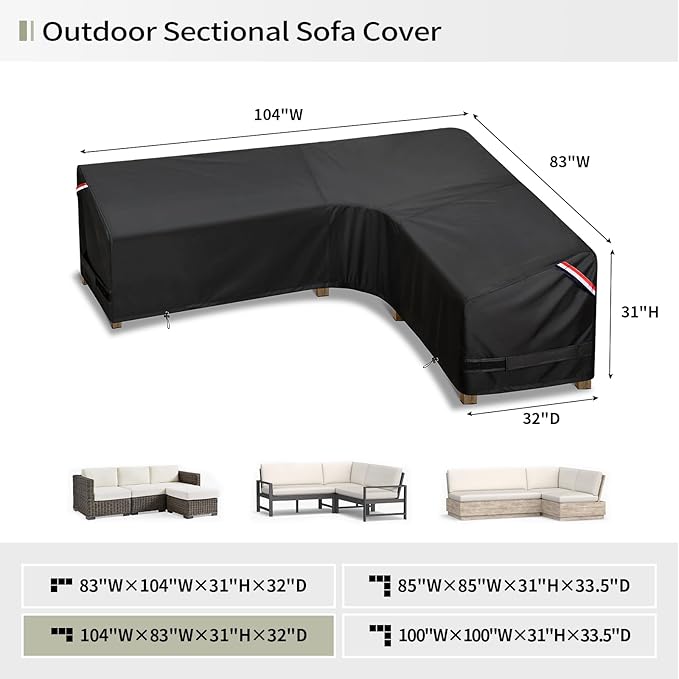 KylinLucky Patio Sectional Sofa Covers L-Shaped, 104" X 83" Waterproof Outdoor Couch Cover Black
