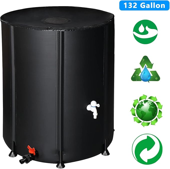132 Gallon Collapsible Rain Barrel, Folding Water Storage Container, Portable Rain Collection, Water Storage Tank PVC for Garden Water Catcher with Screen Mesh Protector and 3/4 Faucet Black