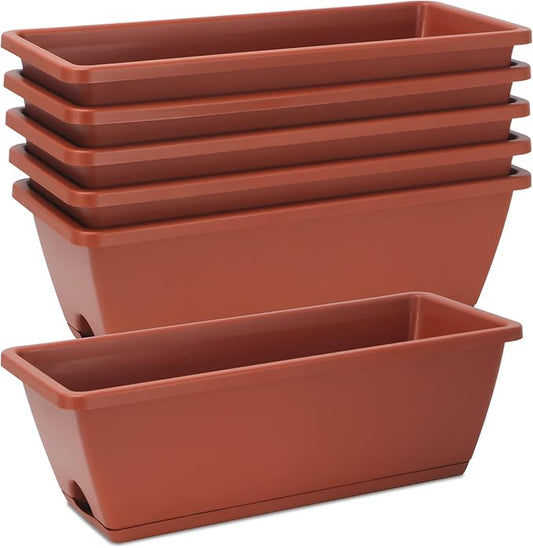 HOXHA Window Box Planter, 6 Pack 17inch Plastic Vegetable Flower Planter Boxes with Tray, Indoor Outdoor Flower Pots for Windowsill, Patio, Porch, Garden Balcony, Brick Red