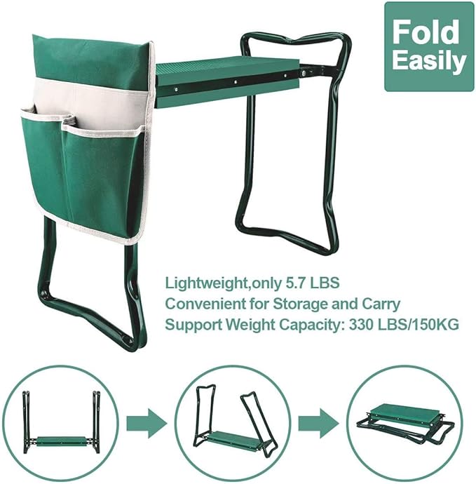 PLKO Garden Kneeler and Seat Stool Heavy Duty Garden Folding Bench with Large RemovableTool Pocket Gloves and Soft EVA Kneeling Pad for Gardening Lovers