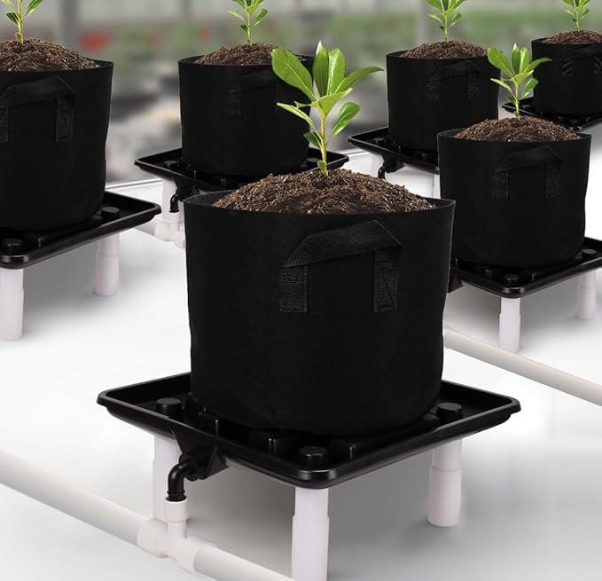 Ez-Pz Runoff Trays 15.5in Garden Flood and Drain Plant Base with PVC Legs and Drain Fitting, Elevated Plant Saucers for Use in Indoor Grow Tents, Greenhouses, and Outdoor Gardens