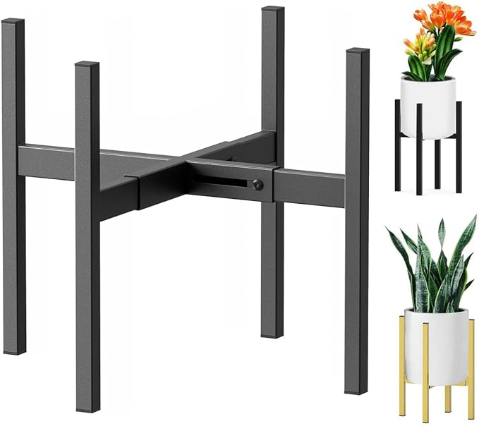 Metal Plant Stand, Adjustable Size Fits 10 12 13 14 15 16 Inches Large Planter Pot,Mid Century Expandable Plant Holder Indoor Outdoor Corner (HeavyBlack, Fits all pots between 8" and 16")