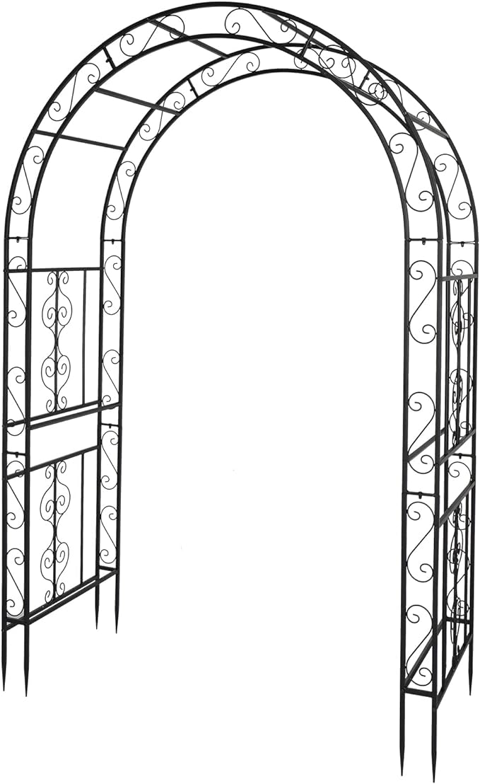 Outvita 7FT Garden Arch Arbor, Heavy Duty Metal Arbour Archway, Decorative Frame Stand Trellis with 7 Inch Ground Stakes for Wedding Ceremony Party Plant Climbing Rose Vines Lawn Courtyard Patio Black