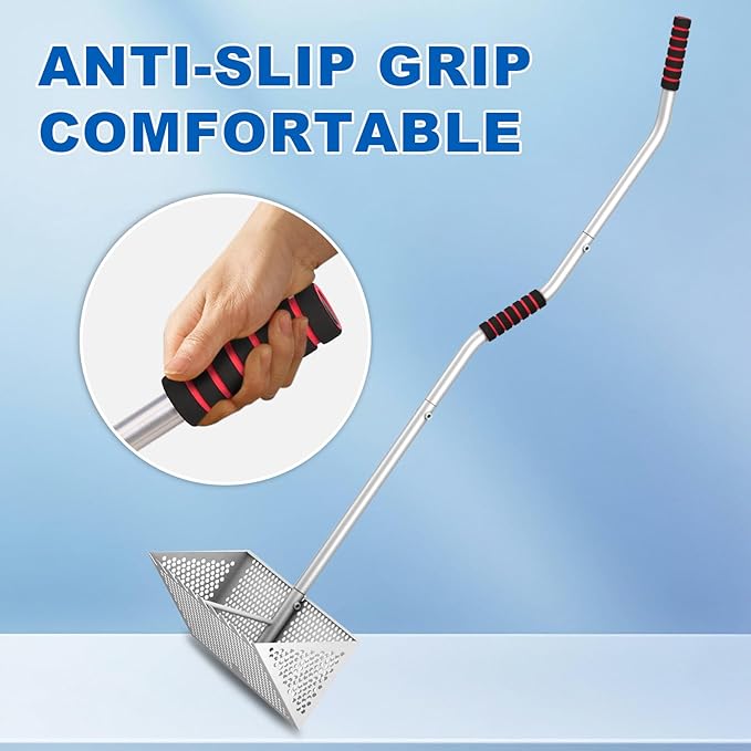 Sand Sifter, 304 Stainless Steel, 16'' Basket with Sharp Teeth, 60" Ergonomic Handle | Equipped with Clam Rake, Sand Flea Sifter, Black Beach Shovel and 5L Bucket