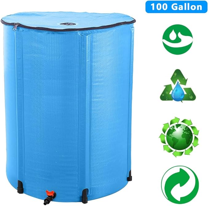 Collapsible Rain Barrel, 100 Gallon Portable Rainwater Collection System, Rain Catcher Barrel, Water Storage Tank with Spigots and Overflow Kit, Rain Water Barrel Collector for Garden, Blue