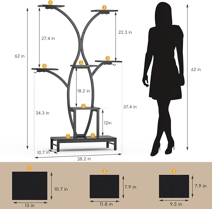 Plant Stand Indoor with Grow Lights - 7 Tiered Metal Corner Shelf for Multiple Plants, 62" Corner Plant Stand for Indoor Plants, Tree-Shaped Plant Rack for Home, Living Room, Office & Patio Decor