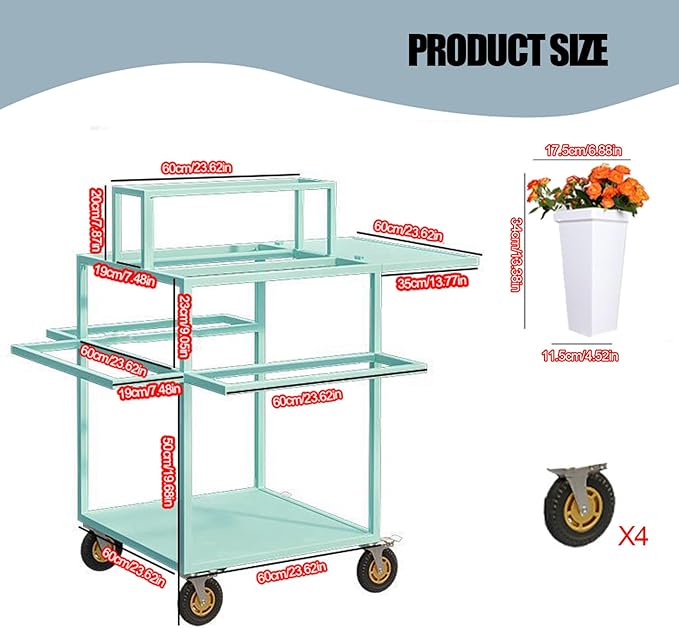 Metal Garden Cart Plant Stand with 18pcs Buckets and parasols, Slide Out Rolling Flower Display Rack, for Florist, Patio Garden, Weddings Party, Business Market (White)