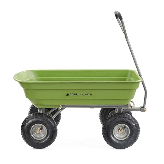 Gorilla Carts Poly Garden Dump Cart, 4 Cu Ft Tub, 600 lb Haul Capacity, Green – Heavy-Duty Utility Wagon with Quick-Release Dumping & Pneumatic Tires for Yard, Landscaping and Gardening