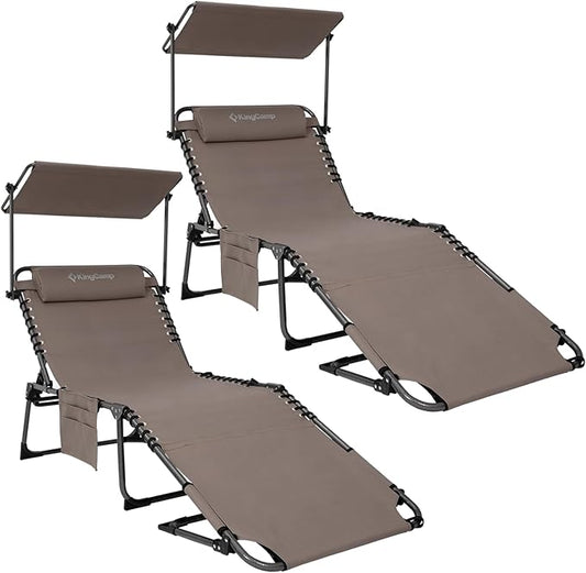 KingCamp 2 Pack Tanning Chair with Face Hole, Lounge Chairs Outdoor Folding Comfy Adjustable 5-Position Foldable Chaise Chaser with Canopy Shade for Outside Beach Patio Sun Bathing, Beige