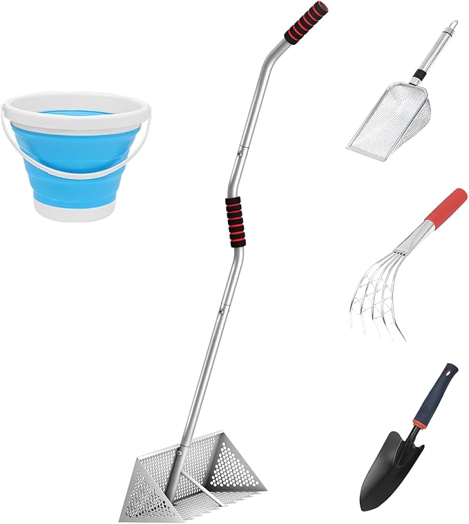 Sand Sifter, 304 Stainless Steel, 16'' Basket with Sharp Teeth, 60" Ergonomic Handle | Equipped with Clam Rake, Sand Flea Sifter, Black Beach Shovel and 5L Bucket