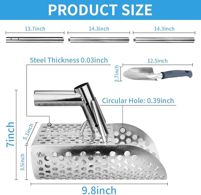 Metal Detecting Shovel, Stainless Steel Long Handle Metal Detecting Accessory, for Underwater Treasure Hunting, Beach Metal Detecting, and Excavation (style3)