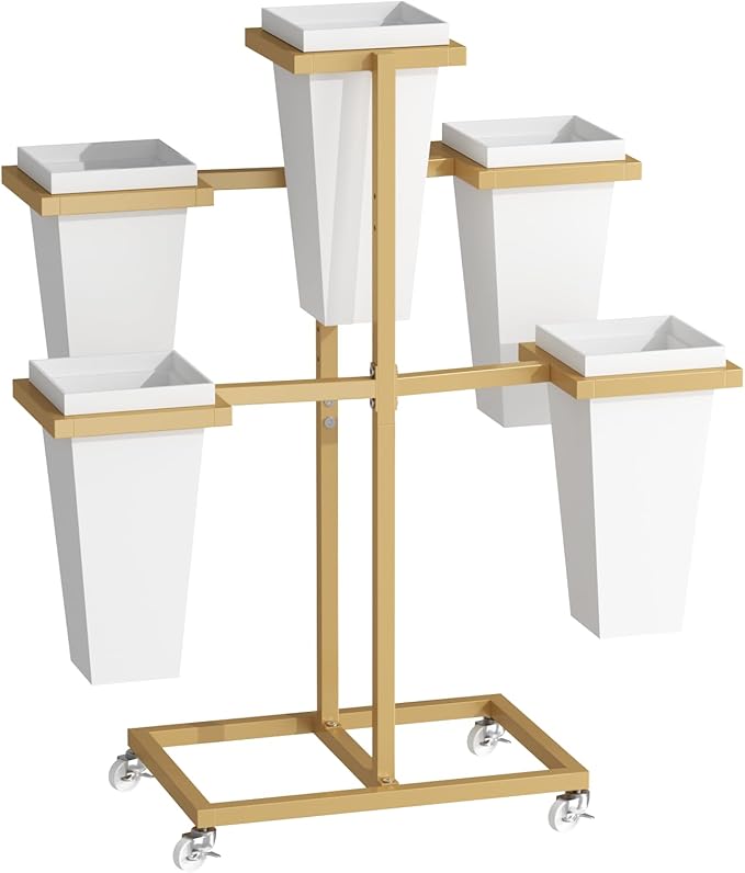 Flower bar Stand with Buckets, Moving Flower display stand with Wheels, Metal Flower cart for Bridal Shower, Wedding, Party, Garden, Gold