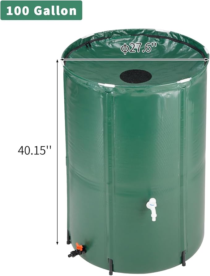 100 Gallon Collapsible Rain Barrel, Water Storage Tank, Portable Rainwater Collection System, Rain Catcher Barrel with Two Spigots and Overflow Kit, Rain Water Barrel Collector for Garden, Green