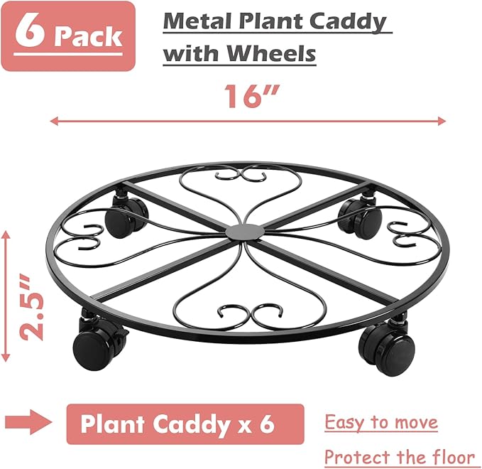 6 Pack Metal Plant Caddy with Wheels 16 Inch Large Plant Stand with Wheels Heavy Duty Wrought Iron Rolling Plant Caddy Plant Dolly Plant Rollers Plant Cart Large Plant Mover