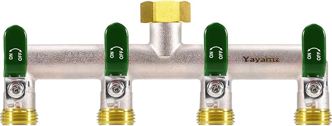 4 Way Garden Hose Splitter, Heavy Duty Brass Nickel Plated Rust Resistant Faucet Manifold, 3/4" Frost Resistant Outdoor Hose Adapter Connector，Hose Spigot Adapter with 4 large Green handles