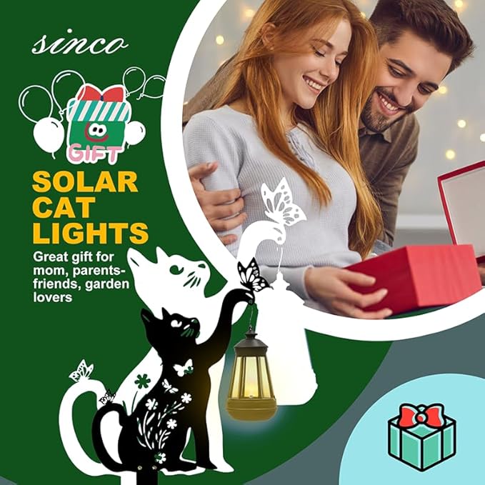 Black Cat Solar Lights Outdoor Garden - 2 Pack Solar Lights Outdoor Garden Decor Stake with Butterfly Decorative Metal Housewarming Ornament for Yard Lawn Patio – Unique Gift Ideas for Christmas