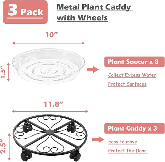 3-Pack Metal Plant Stand with Wheels - 12-Inch Caddy, Heavy Duty Wrought Iron Rolling Stand with 3 Pack Plant Saucers