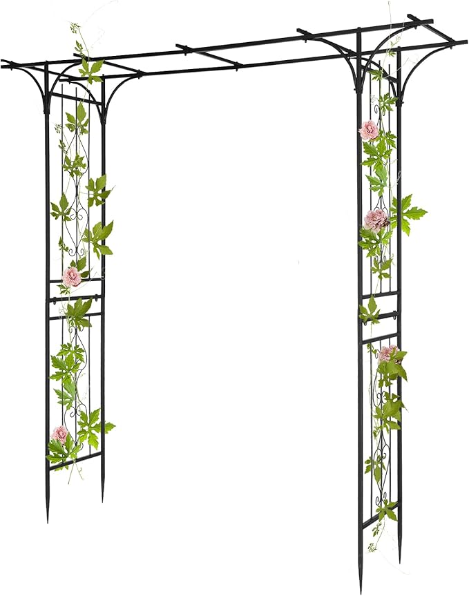Metal Garden Arbor Trellis with Side Garden Trellis, 7FT Heavy Duty Arch Archway for Wedding, Backyard & Vine Plants - Rust-Resistant Powder-Coated Steel, Easy Assembly