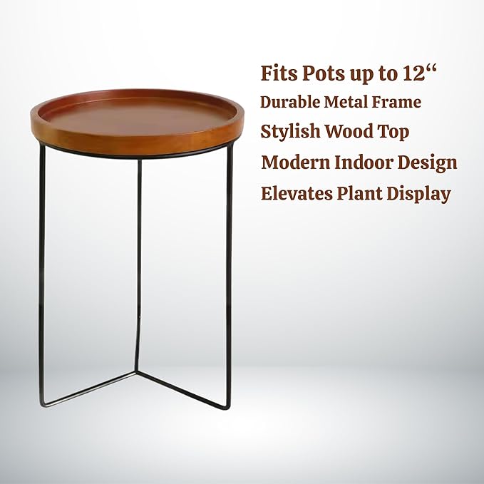 Indoor Metal Plant Stands with Wooden Tops, Holds Pots up to 12" Diameter, 120 lb Capacity Each - 9" Wood Top Plant Stand - 3-Pack